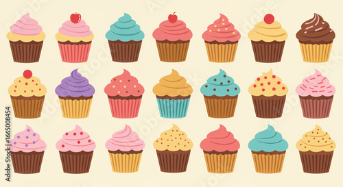 Sweet Variety of Frosted Cupcakes Displayed in a Grid Formation, A delightful treat
