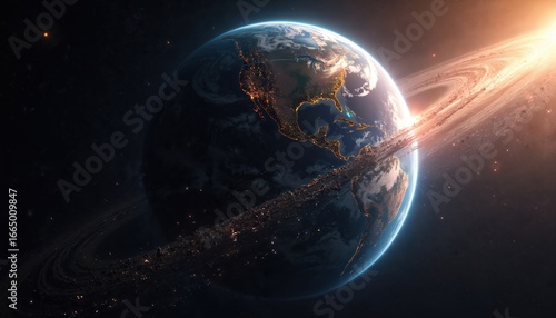 Fototapeta Naklejka Na Ścianę i Meble -  Earth illustration surrounded by satellites, space debris. Focus on cosmic setting, impact tech, sustainability, exploration. Global communication, infrastructure. Orbit, night time.