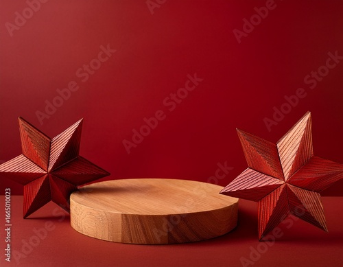 Christmas display concept. Wooden empty podiums on red background with red wooden star shape decorations..Generated image