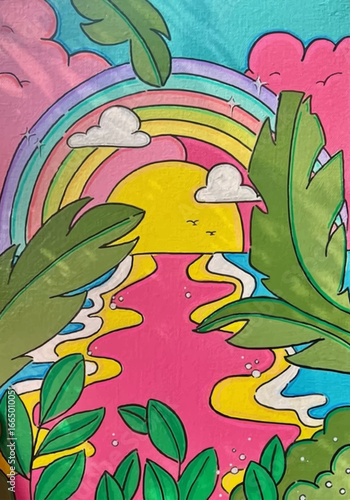 Rainbow, sun, plants and floewers, art design illustrator, vector art design illustrator.