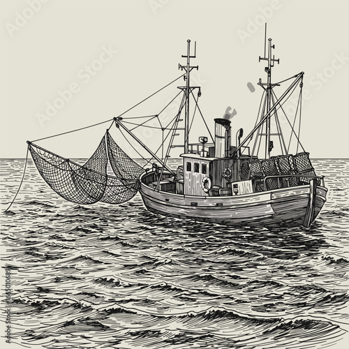 Trawler or commercial fishing boat with nets in the sea, engraving style black and white monochrome.