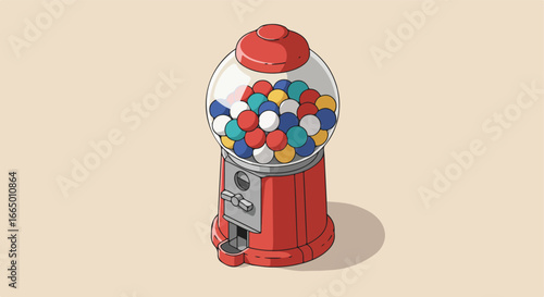 Red gumball machine, full & waiting, on tan background for posters/children's books