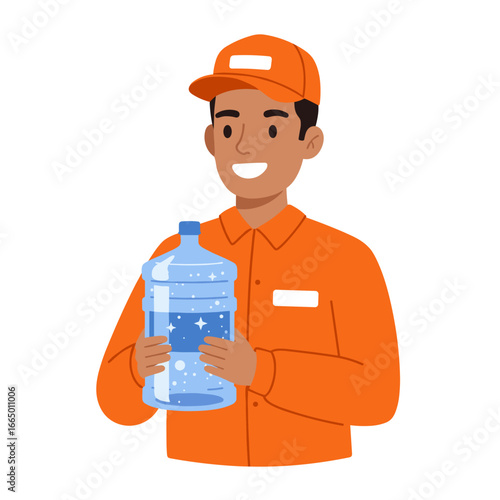Happy water delivery courier holding gallon of water, flat vector illustration isolated on white background