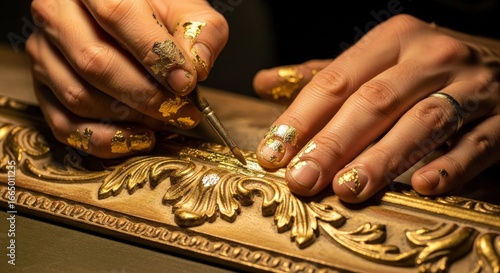 Closeup of an artisans hands meticulously applying gold leaf to an ornate carved wooden frame with a fine brush, highlighting intricate detail and craftsmanship