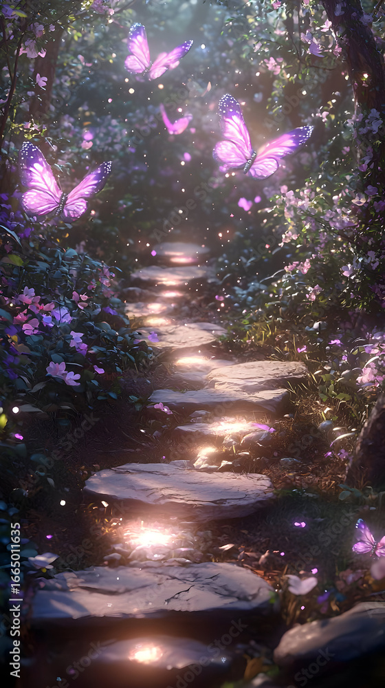Fototapeta premium Magical Glowing Path Through Enchanted Forest With Pink Butterflies