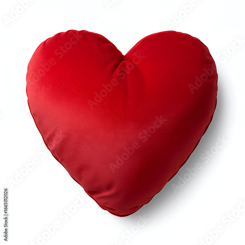 Plush red velvet heart pillow isolated on pure white photorealistic background