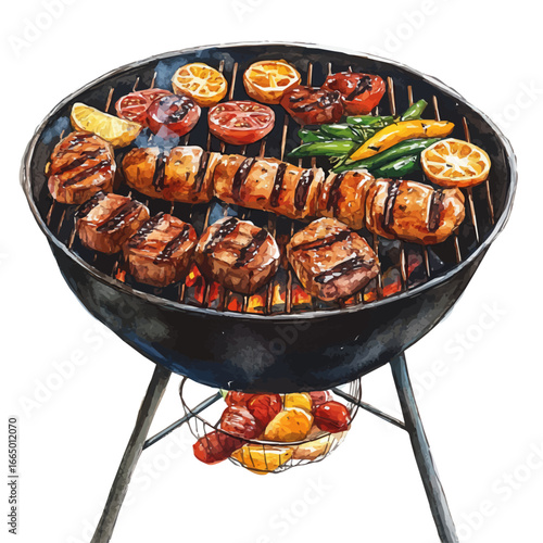Summer Barbecue, watercolor clipart vector, isolated on a white background.