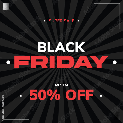 Black Friday sale banner design with discount offer up to 50 percent off promo editable