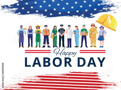 Happy USA Labor Day Vector with Workers Standing and American Flag Stars Background – 1st September Holiday EPS