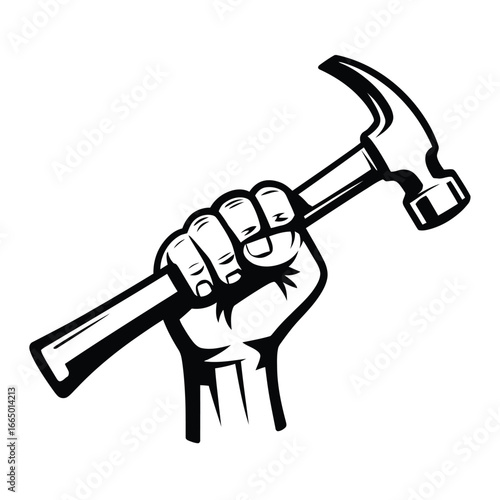 Black and white illustration of a clenched fist holding a hammer