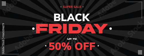 Black Friday sale banner design with discount offer up to 50 percent off promo editable