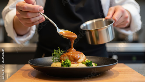 Wallpaper Mural Chef elegantly drizzles sauce over beautifully plated dish featuring mashed potatoes and broccoli, showcasing culinary artistry and attention to Torontodigital.ca