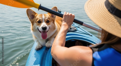 Corgi enjoys kayaking adventure with female companion on peaceful lake