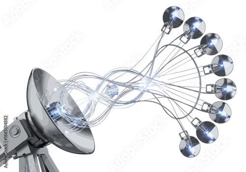 Futuristic Satellite Dish Broadcasting Data to Multiple Receivers