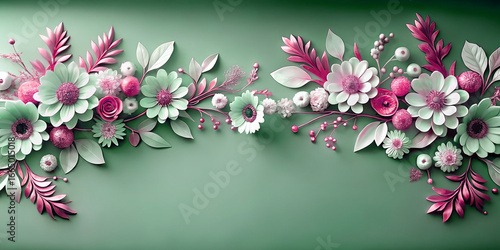 Wallpaper Mural 3D paper cut style illustration featuring lush floral arrangement of pink, mint green flowers, leaves on a solid green background, wedding invitations, greeting cards, social media banners, decorative Torontodigital.ca
