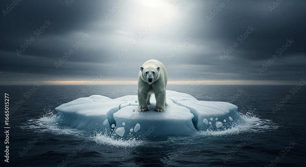 Naklejka premium Polar Bear on Ice Floe in Ocean Climate Change Arctic Environment