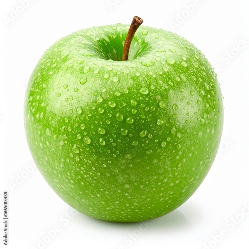 Fresh green apple with water drops isolated on white background, healthy fruit for diet, nutrition, and wellness concept.