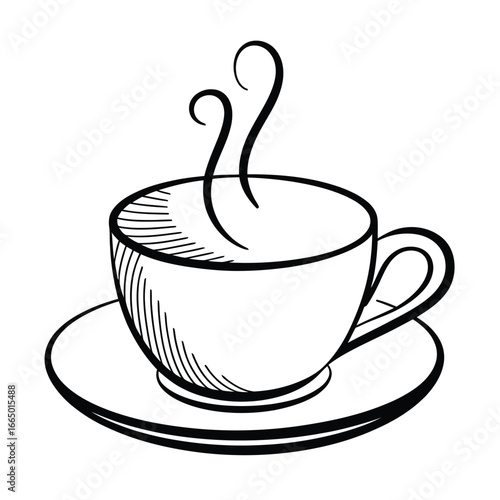Black and white line art coffee cup with steam saucer