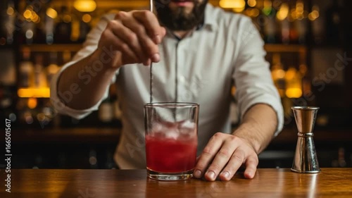 Wallpaper Mural Bartender Mixing Cocktail with Ice in Glass at Bar Counter Torontodigital.ca
