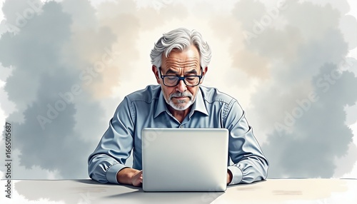 Elderly financial advisor with glasses staring at a laptop screen against a muted gray backdrop