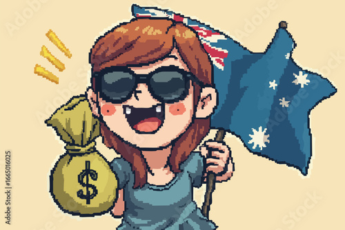 Happy Tourist Cartoon Character with Australian Flag and Money Bag