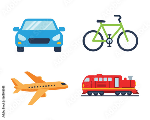 Colorful Transportation Icons Car Bicycle Airplane and Train on White Background