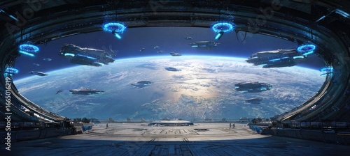 Fototapeta Naklejka Na Ścianę i Meble -  Futuristic space station orbiting Earth with spacecraft