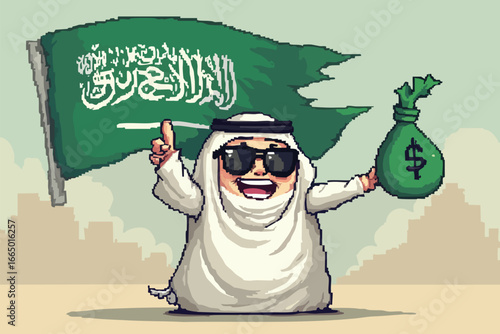 Saudi Arabia Wealth Pixel Art of Rich Arabian Man with Money Bag and Flag