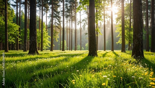 Lush green forest meadow bathed in sunlight, showcasing tall trees and wildflowers in a tranquil setting.
