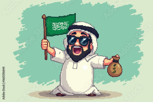 Joyful Saudi Arabian Man Cartoon Pixel Art Holding Flag and Money Bag