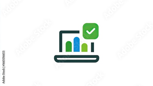 Simple laptop icon with chart and checkmark.  A digital approval