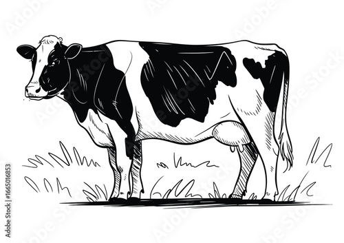 Black and white sketch of a Holstein cow in grass dairy cow