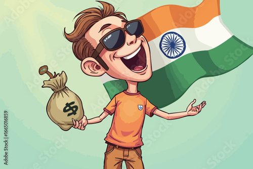 Cartoon man with money bag celebrating financial success in front of Indian flag.