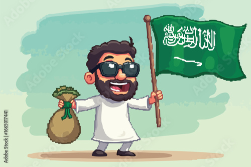 Cartoon of a Saudi man holding a flag and a bag of money.