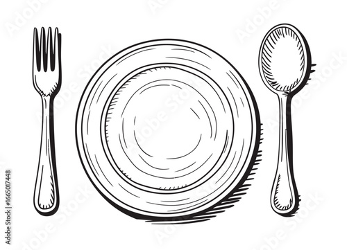 Black and white sketch of plate fork and spoon illustration