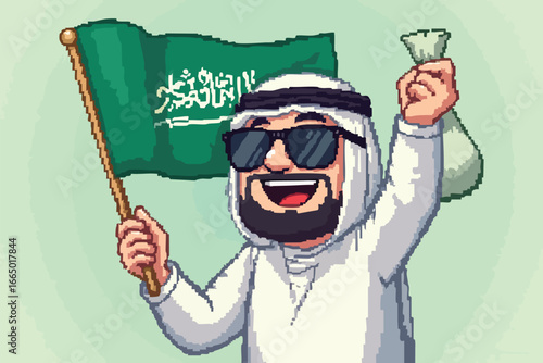 Cartoon of a Saudi man holding a flag and a bag of money, celebrating wealth.