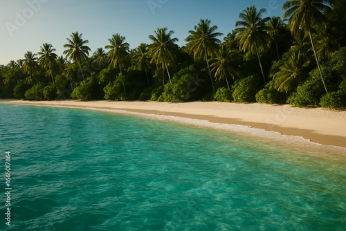 Fototapeta Naklejka Na Ścianę i Meble -  Ultra realistic aerial photo of tropical beach with turquoise water and white sand, cinematic lighting, no people, 8k resolution
