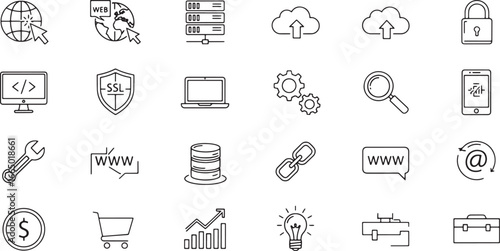 Collection of Outline Icons Representing Digital Technology, Web Services, and Business Operations
