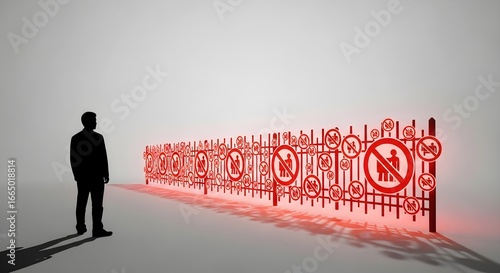 A businessman's silhouette contemplating a long, glowing red fence composed of prohibitive signs, symbolizing modern restrictions and bureaucratic hurdles