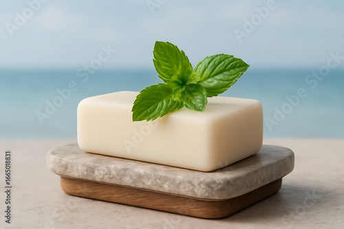 Wallpaper Mural Elegant Soap Bar with Mint Leaves on Stone Pedestal Aromatic Cleansing for Skin Care and Natural Beauty in a Modern Spa Setting Torontodigital.ca