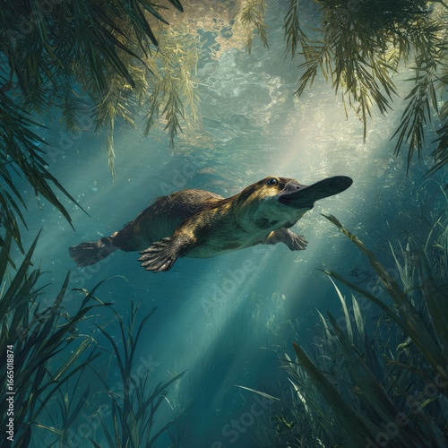 A platypus diving underwater in a natural habitat scene. 