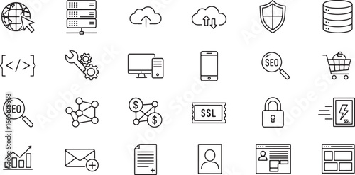 Collection of internet and technology icons suitable for website and app design