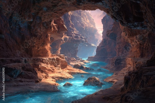 Canyon river view from cave opening, sunlight, fantasy landscape, travel poster
