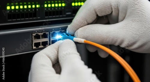 Closeup of a technicians hands wearing white gloves, connecting an orange fiber optic cable to a blue port on a network server