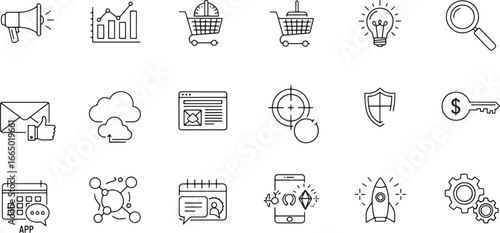 Digital Business and Marketing Line Icons A vector collection depicting e-commerce, analytics, security, and innovation, perfect for modern web and mobile applications