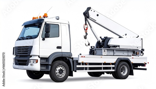 White tow truck with lifting crane hook isolated on white background roadside assistance vehicle
