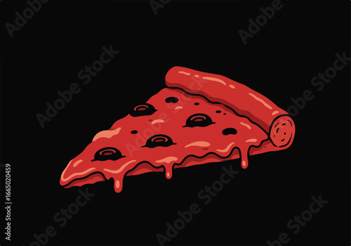 Cartoon Pizza Slice with Dripping Sauce Against a Black Background for fun adverts
