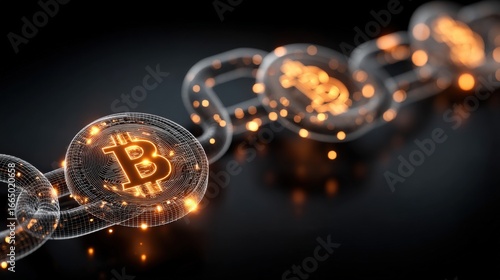 Closeup of a bitcoin cryptocurrency symbol within a glowing, interconnected blockchain network, representing digital finance and secure transactions