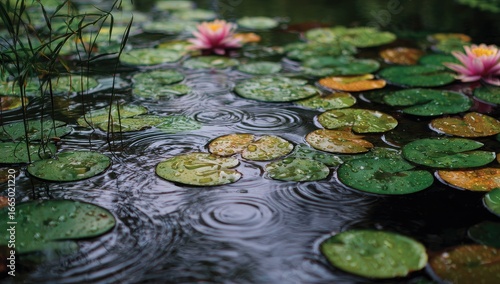 Rain-dappled lily pads and blossoms float on dark, still water, creating concentric ripples