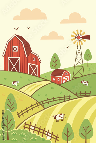 Charming countryside scene with red barns, cows, and a windmill, evoking a sense of peaceful rural living and sustainable agriculture in the heartland